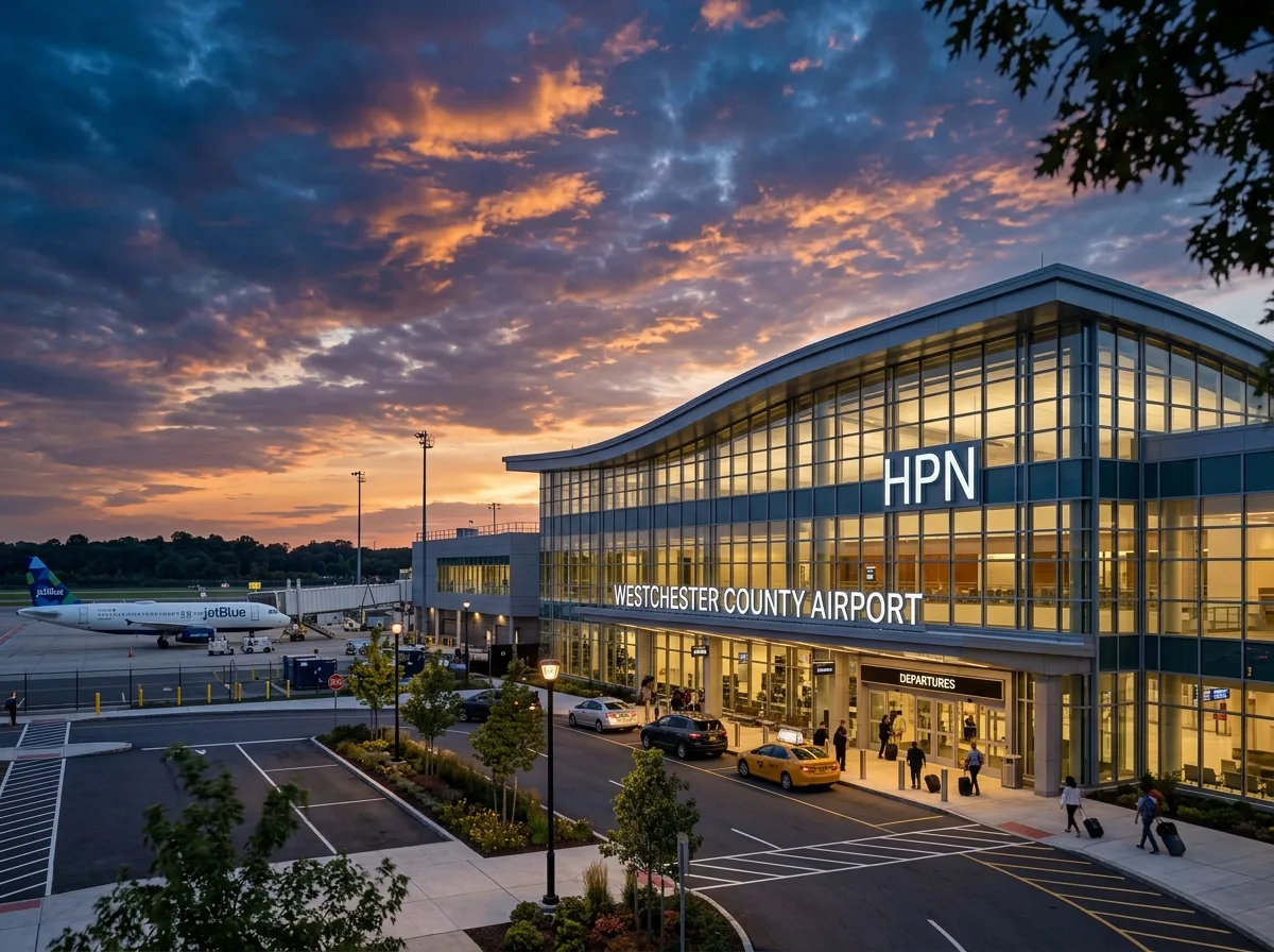 Westchester County Airport HPN terminal exterior at dusk, modern glass facade, dramatic sky, wide-angle architectural photography