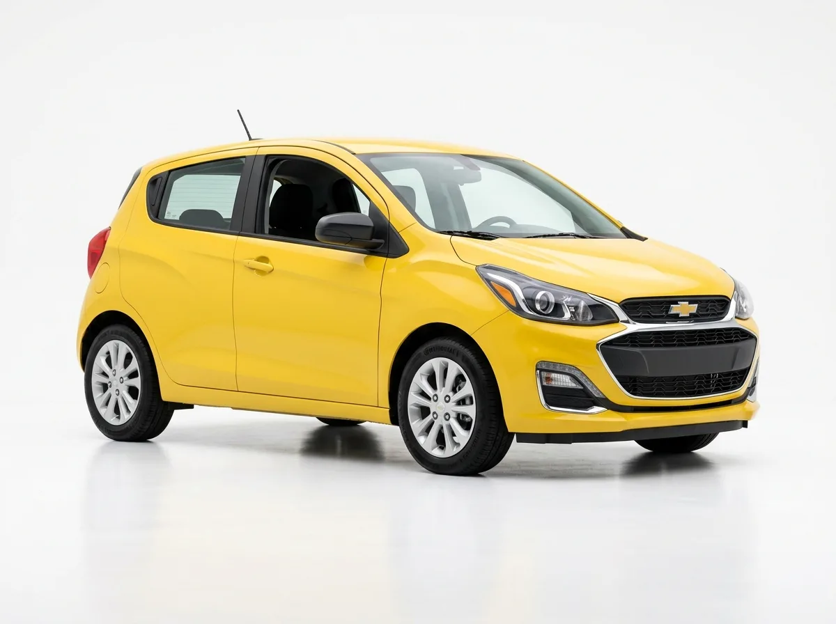 Economy hatchback Chevrolet Spark yellow, studio shot, white background, clean product photography
