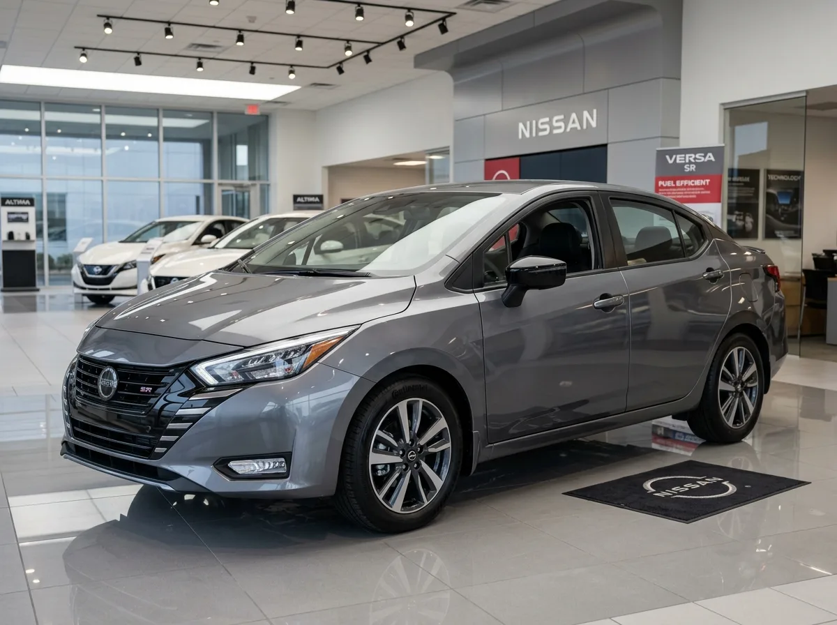 Compact sedan Nissan Versa gray, three-quarter front view, showroom lighting, clean automotive photography