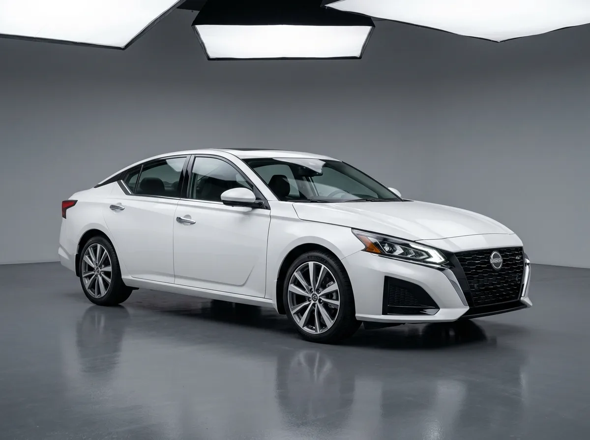 Full-size sedan Nissan Altima white, front three-quarter view, studio automotive photography, clean background
