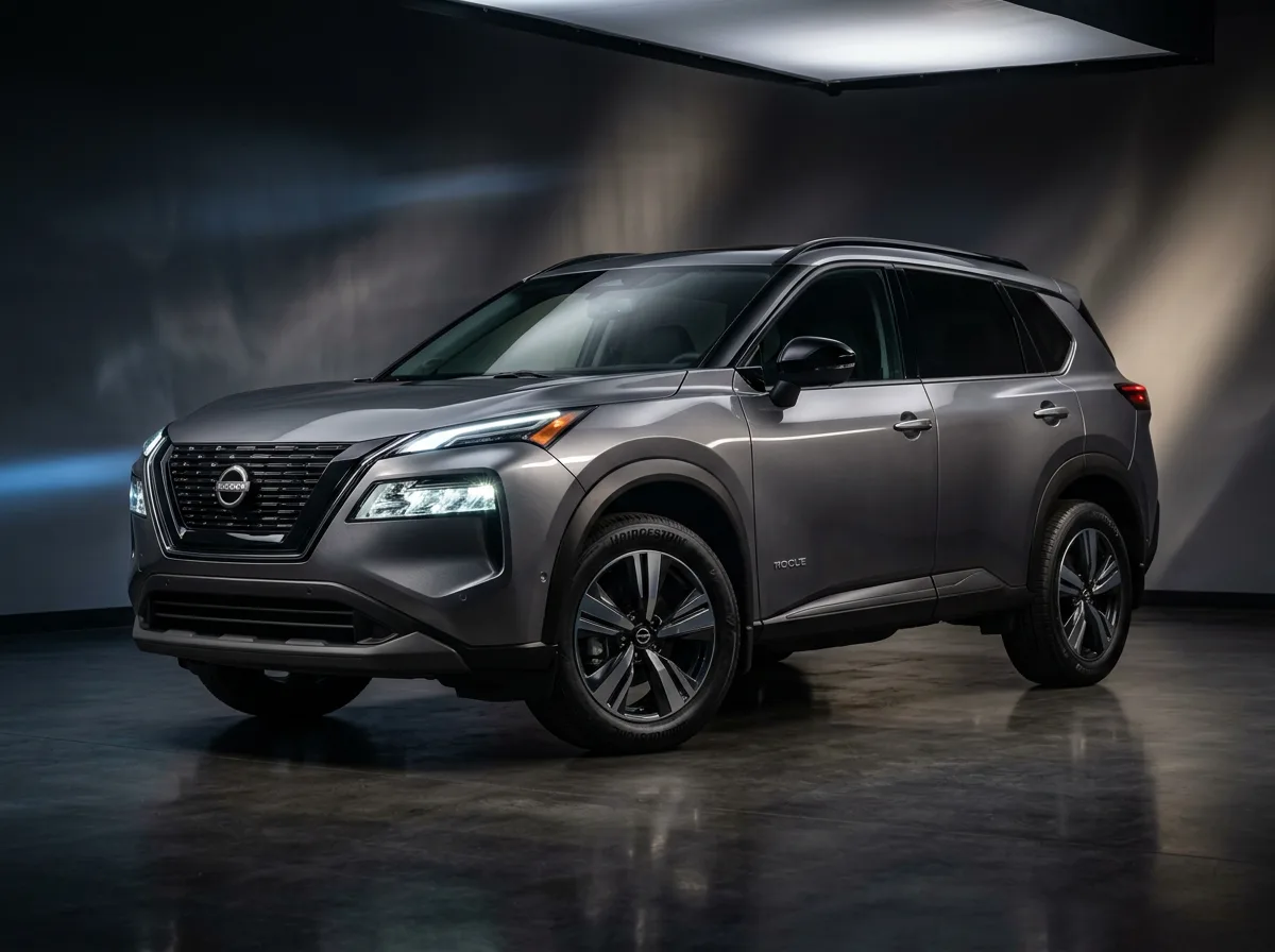 Compact SUV Nissan Rogue gun metal gray, three-quarter front view, dramatic studio lighting, automotive photography