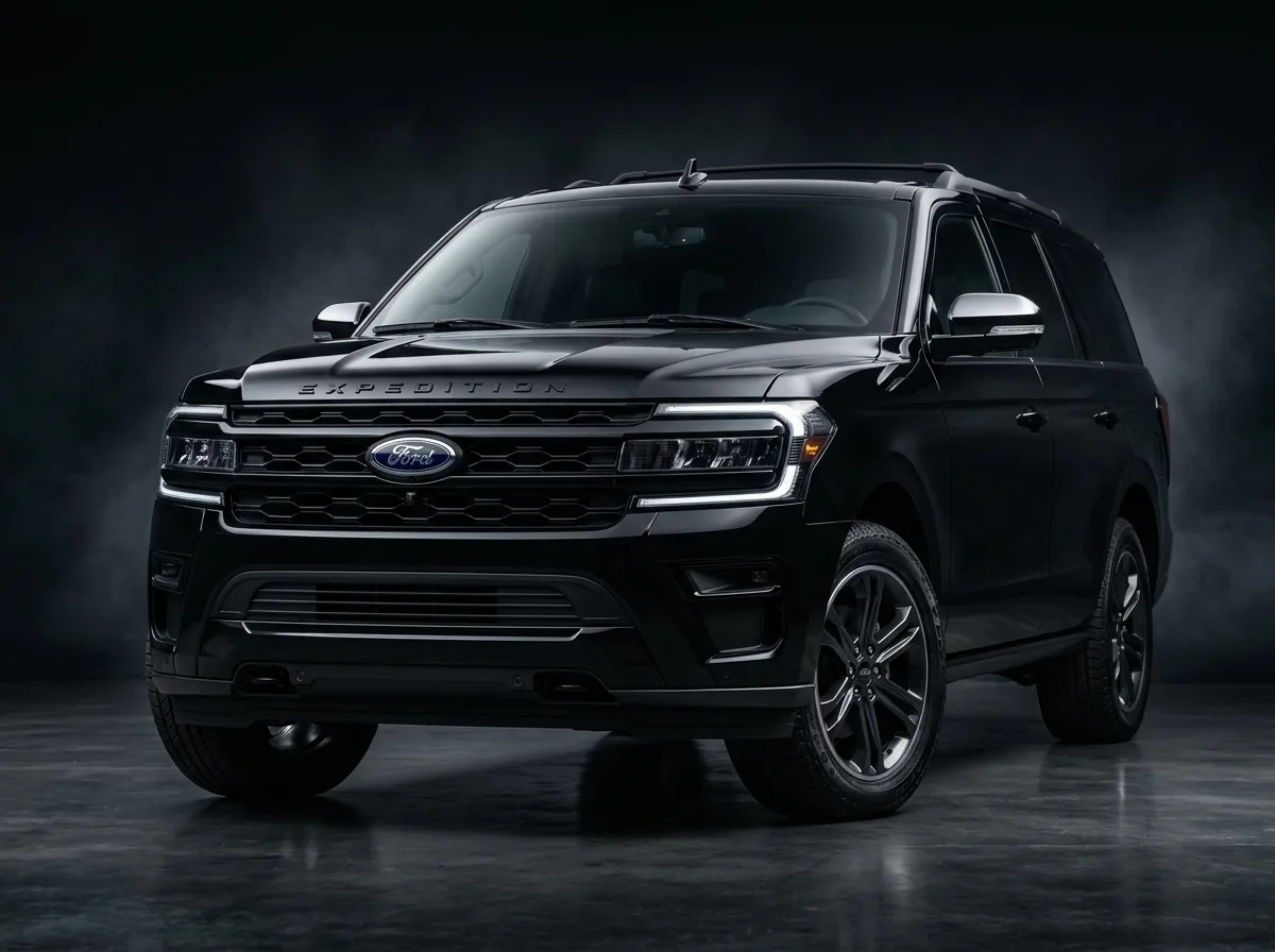 Full-size SUV Ford Expedition black, imposing front view, dramatic dark studio background, premium automotive photography