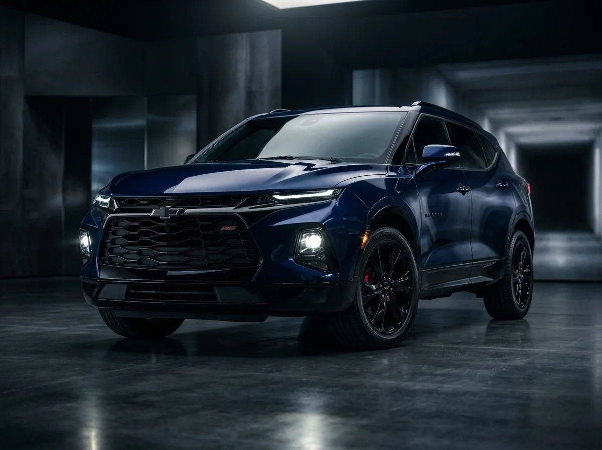 Premium SUV Chevrolet Blazer deep navy blue, dramatic low-angle studio shot, luxury automotive photography