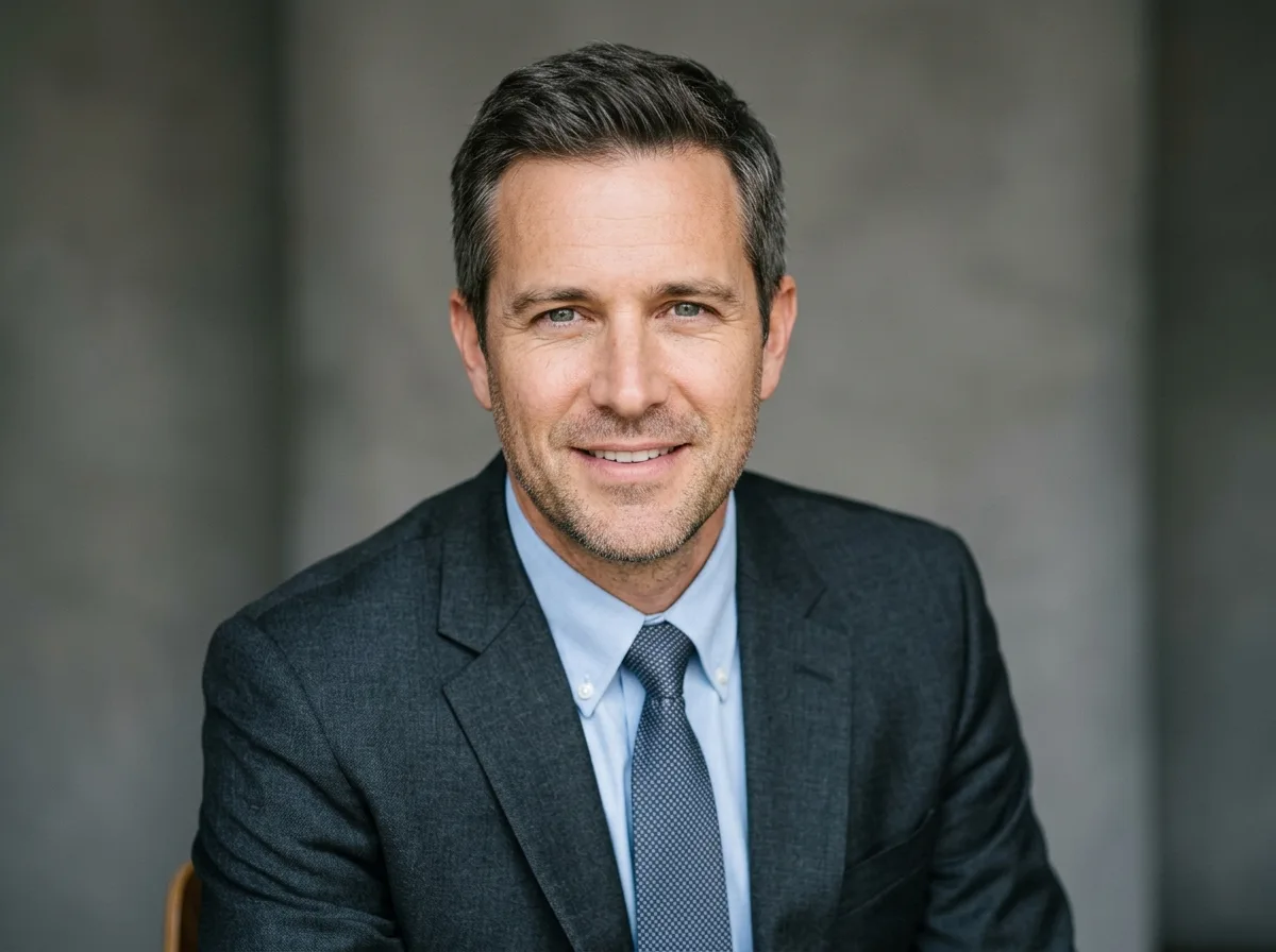 Portrait of male business traveler in his 40s, professional headshot, neutral background