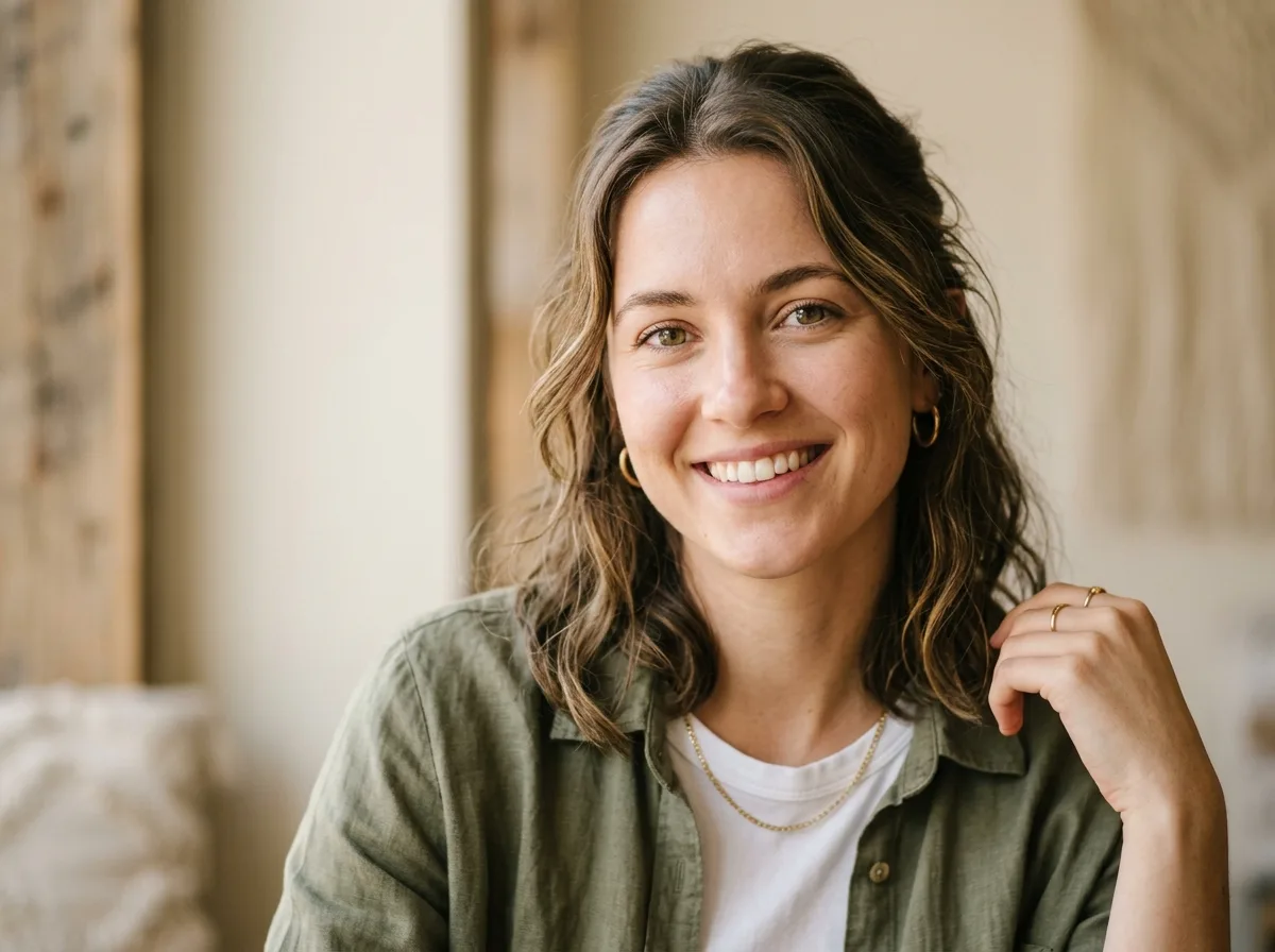 Portrait of young woman traveler mid 20s, approachable smile, modern casual style, headshot neutral background