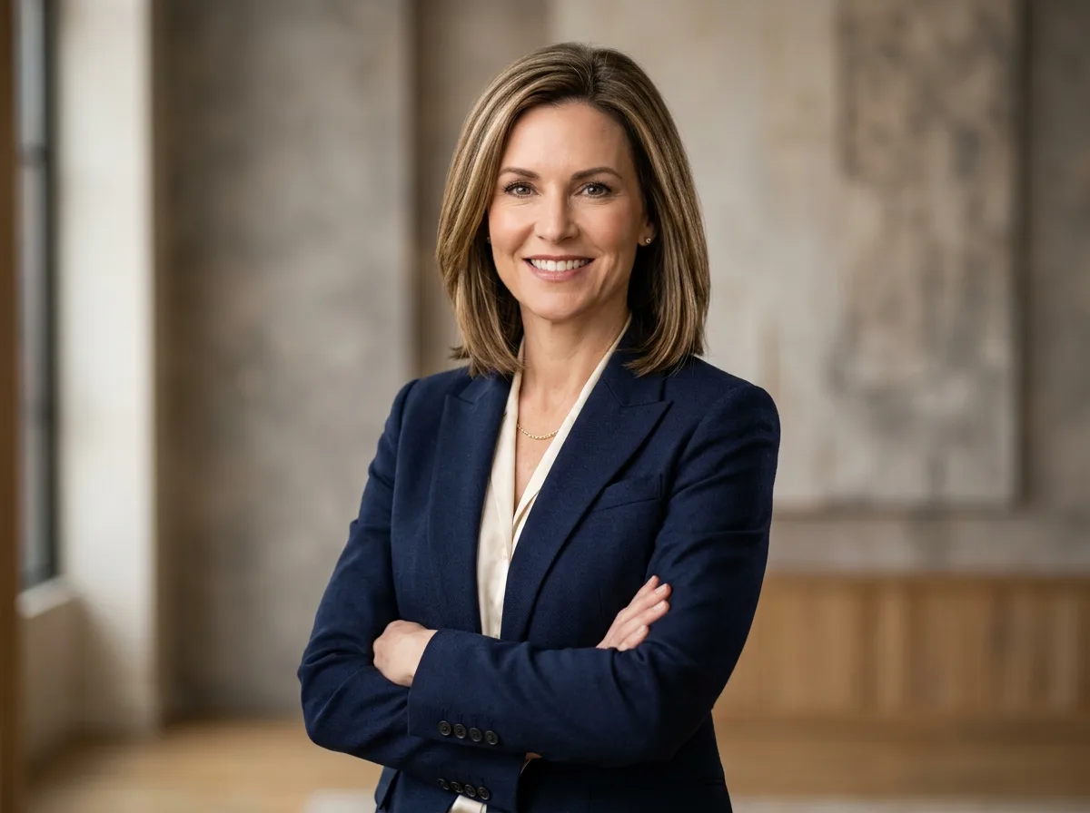 Portrait of elegant woman in her 40s, professional business portrait, confident expression, studio lighting