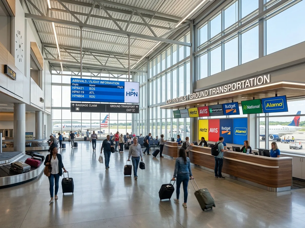 Interior of Westchester County Airport HPN arrivals hall showing bright modern terminal with rental counters visible, professional travel photography